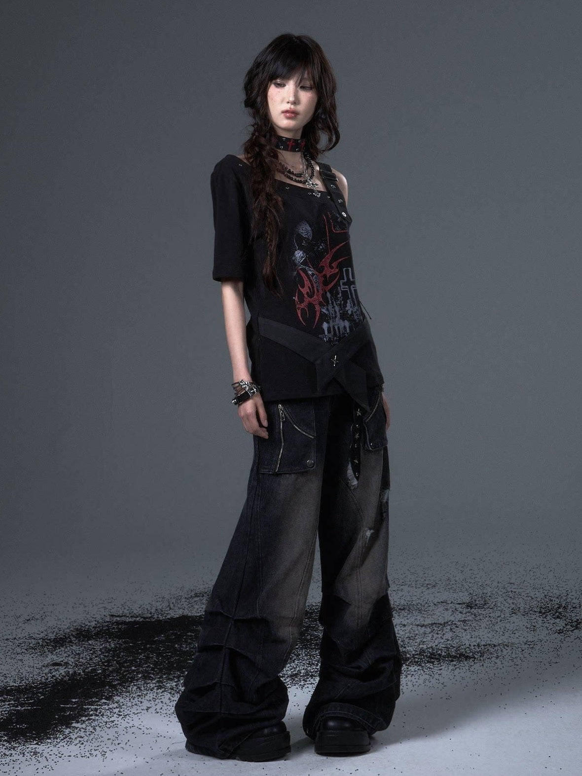 Frustration Garden Edgy Punk Street Printed Studded Asymmetrical Loose Black Short Sleeve T-Shirts