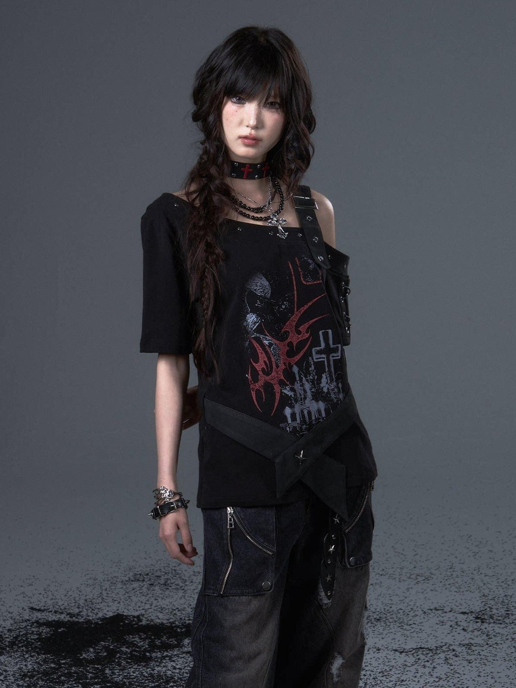 Frustration Garden Edgy Punk Street Printed Studded Asymmetrical Loose Black Short Sleeve T-Shirts