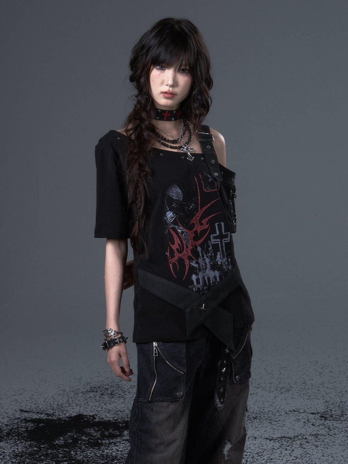 Frustration Garden Edgy Punk Street Printed Studded Asymmetrical Loose Black Short Sleeve T-Shirts