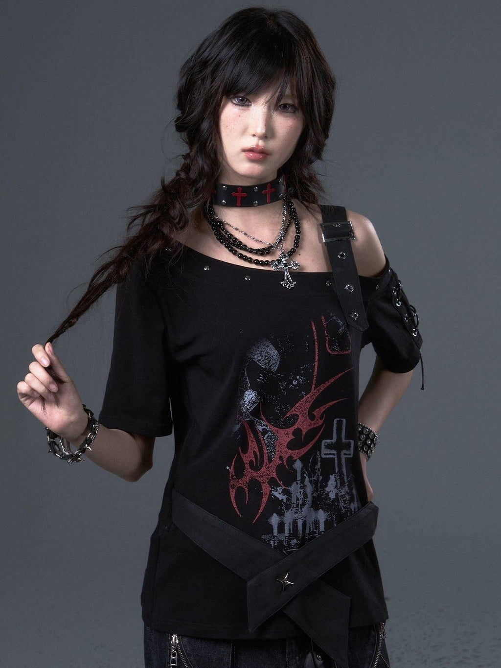 Frustration Garden Edgy Punk Street Printed Studded Asymmetrical Loose Black Short Sleeve T-Shirts