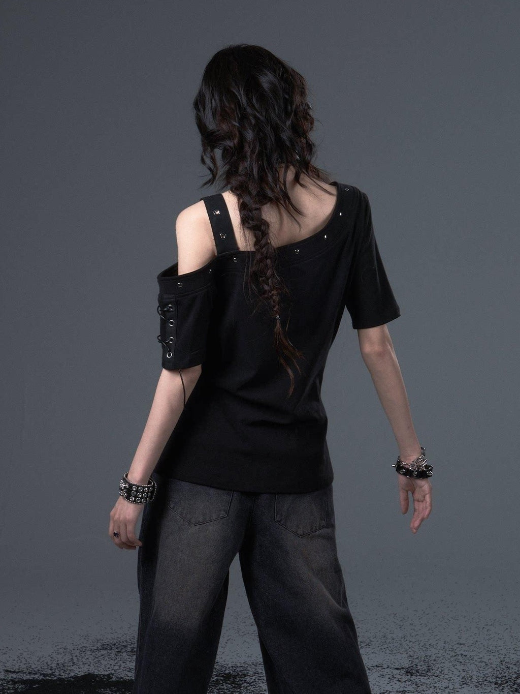 Frustration Garden Edgy Punk Street Printed Studded Asymmetrical Loose Black Short Sleeve T-Shirts