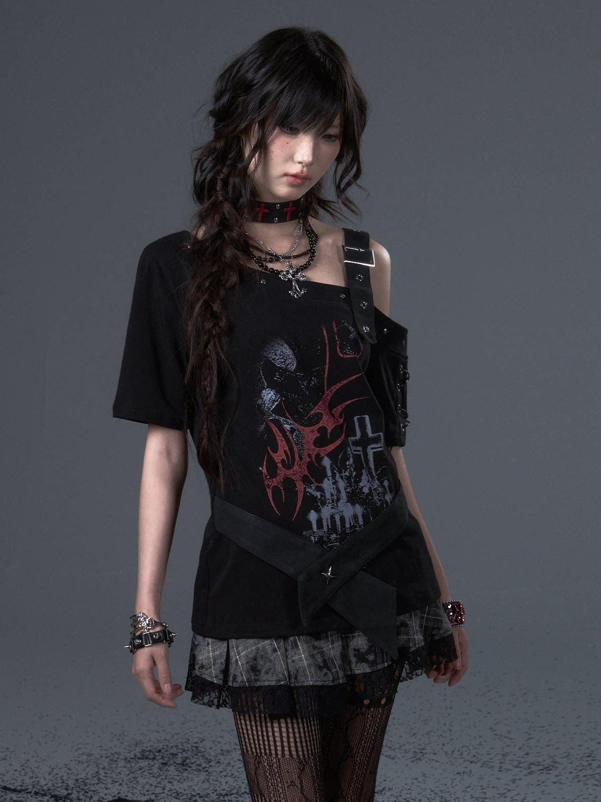 Frustration Garden Edgy Punk Street Printed Studded Asymmetrical Loose Black Short Sleeve T-Shirts