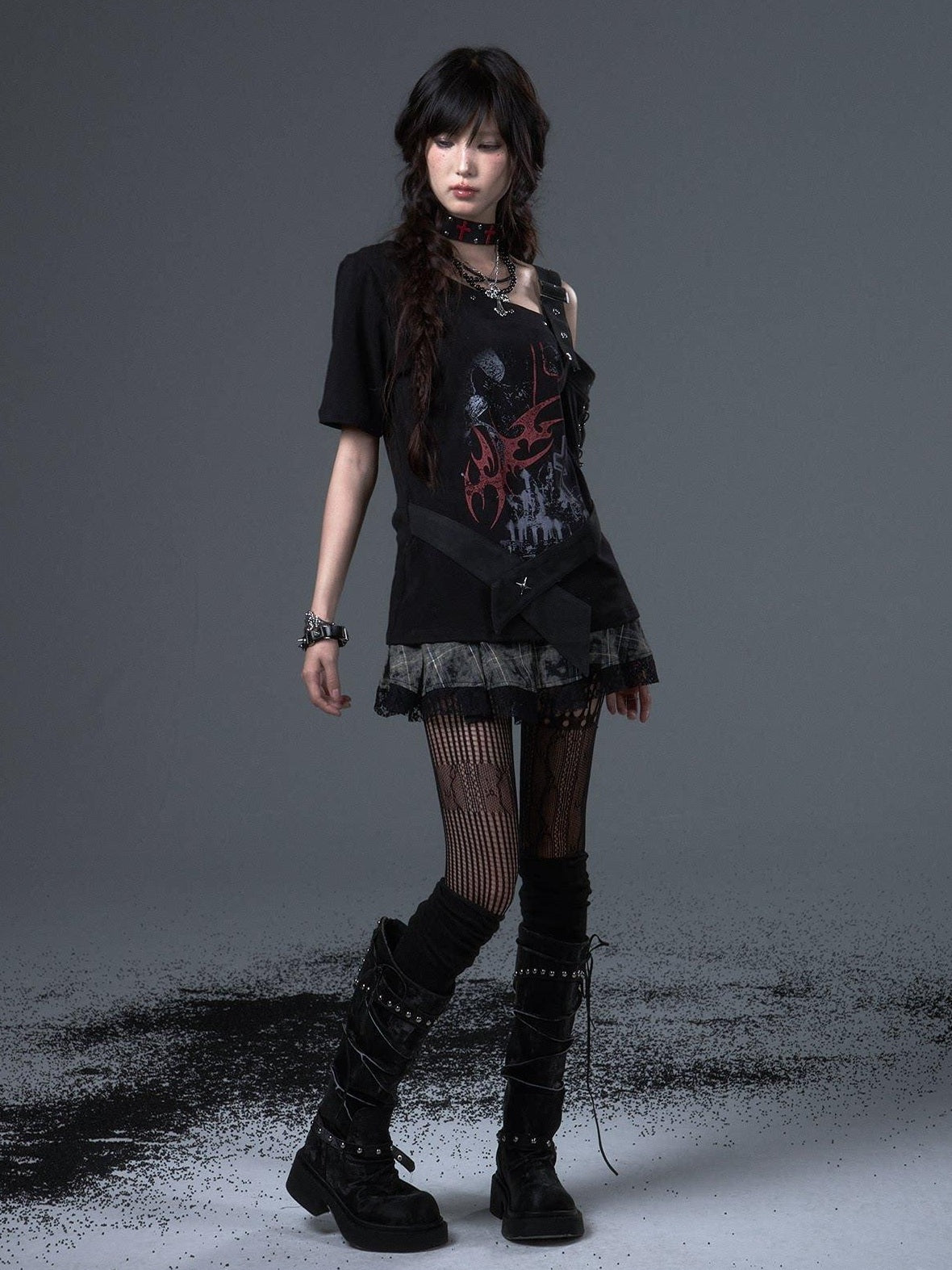 Frustration Garden Edgy Punk Street Printed Studded Asymmetrical Loose Black Short Sleeve T-Shirts