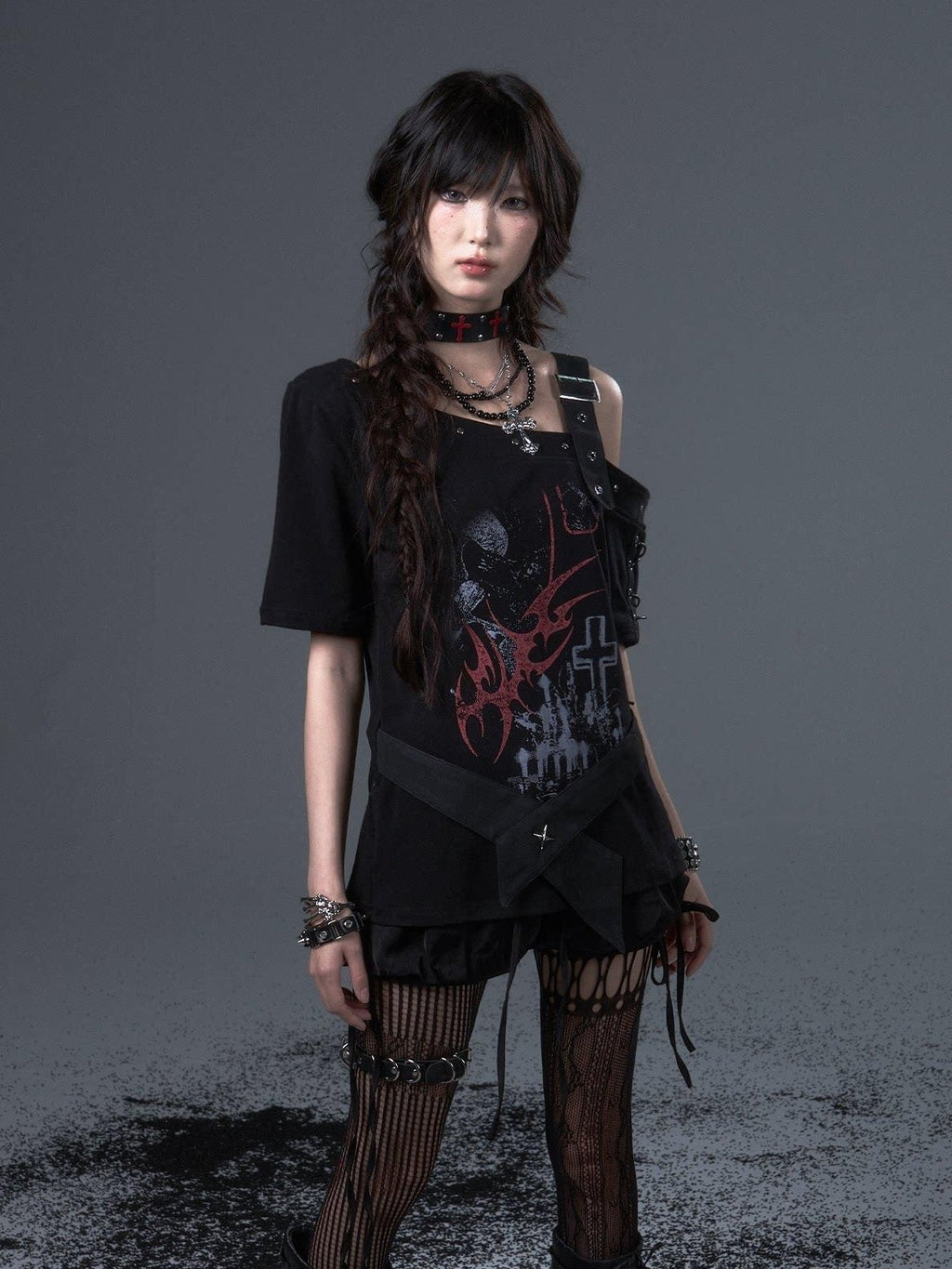 Frustration Garden Edgy Punk Street Printed Studded Asymmetrical Loose Black Short Sleeve T-Shirts