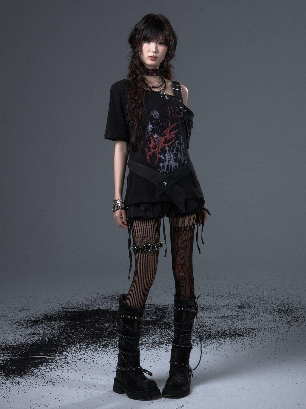 Frustration Garden Edgy Punk Street Printed Studded Asymmetrical Loose Black Short Sleeve T-Shirts