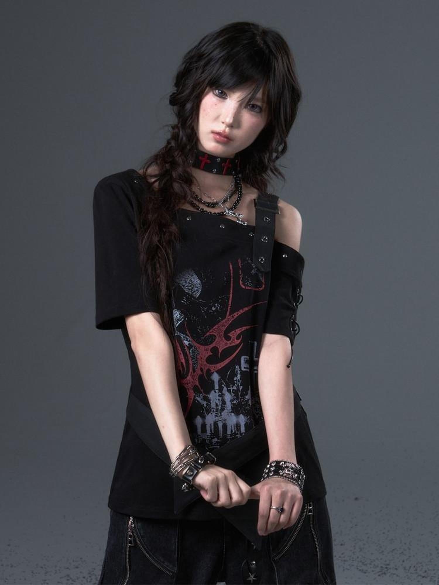 Frustration Garden Edgy Punk Street Printed Studded Asymmetrical Loose Black Short Sleeve T-Shirts