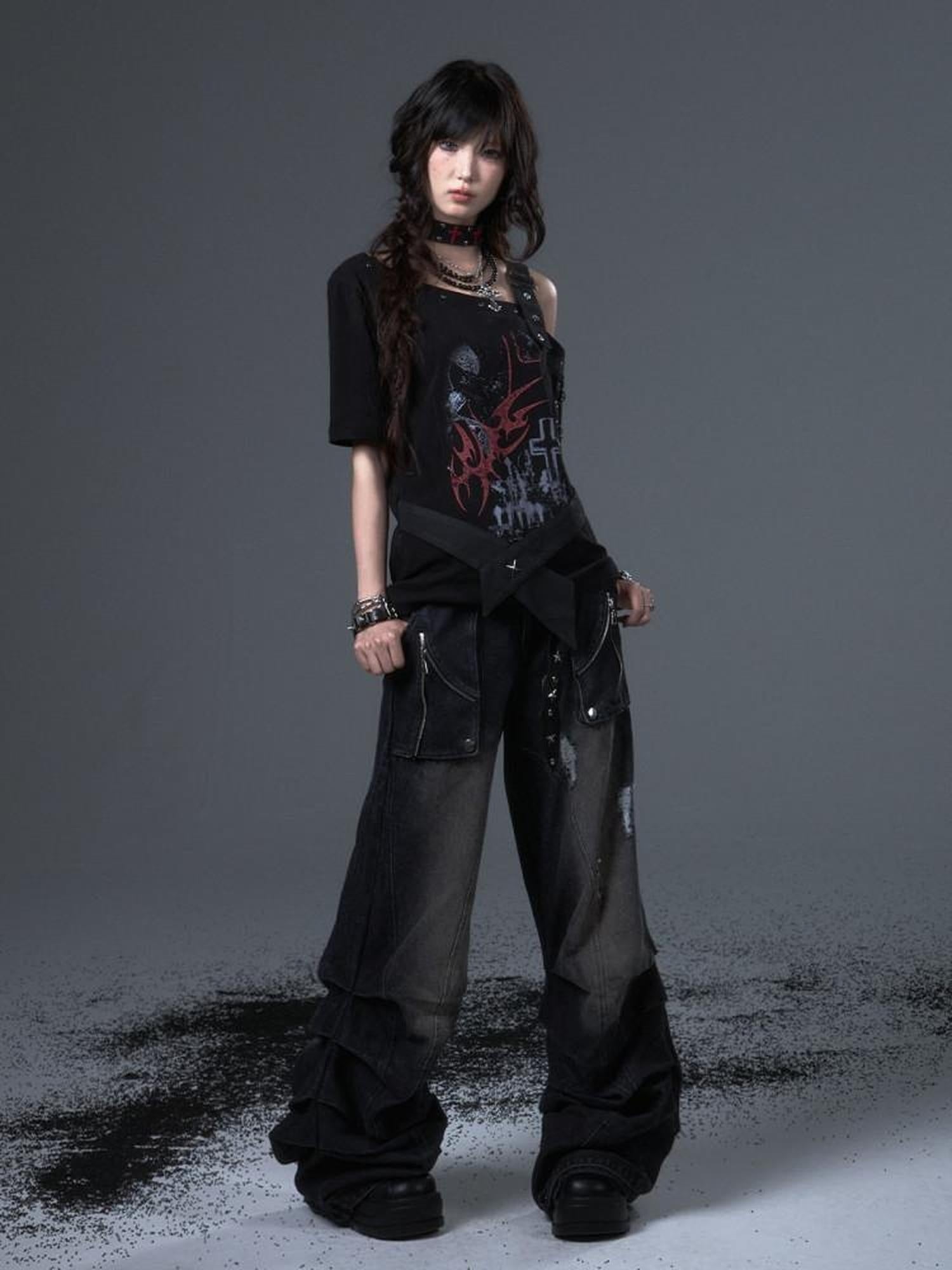 Frustration Garden Edgy Punk Street Printed Studded Asymmetrical Loose Black Short Sleeve T-Shirts