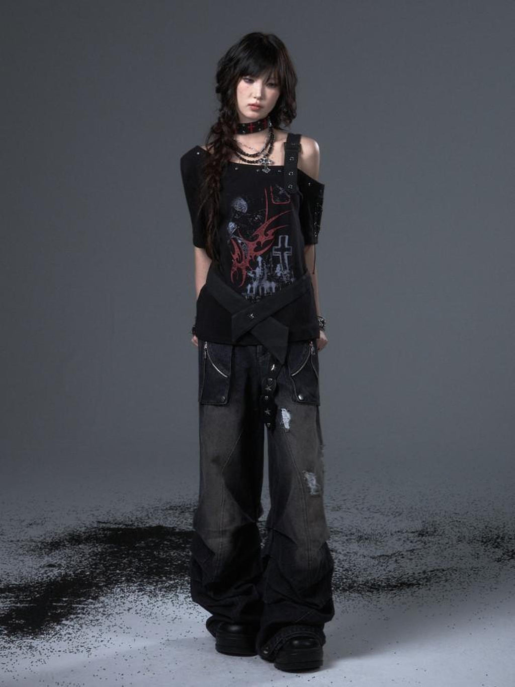 Frustration Garden Edgy Punk Street Printed Studded Asymmetrical Loose Black Short Sleeve T-Shirts