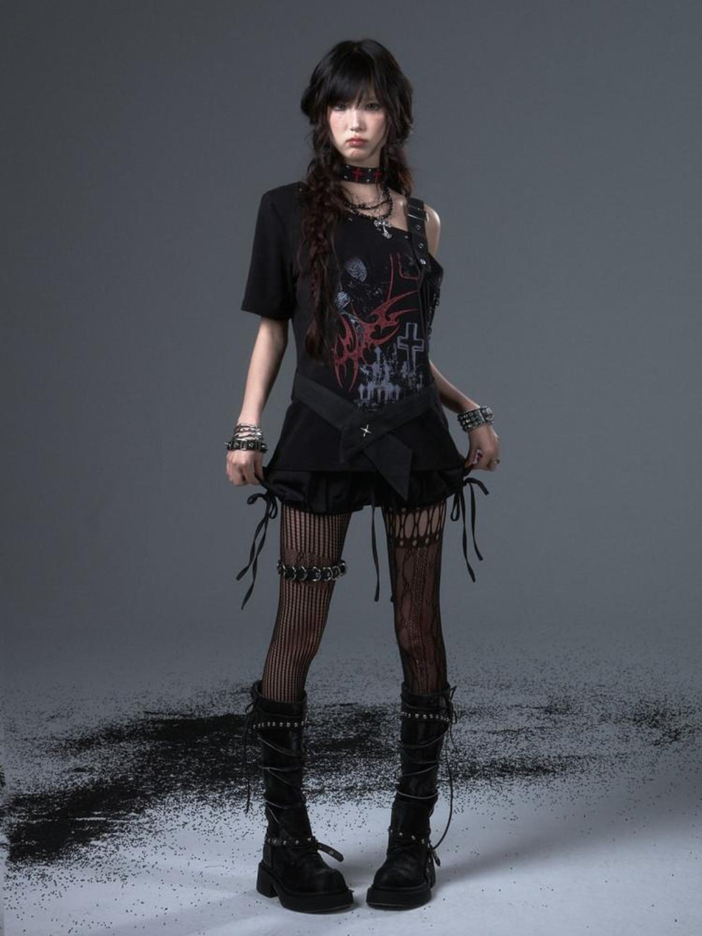 Frustration Garden Edgy Punk Street Printed Studded Asymmetrical Loose Black Short Sleeve T-Shirts