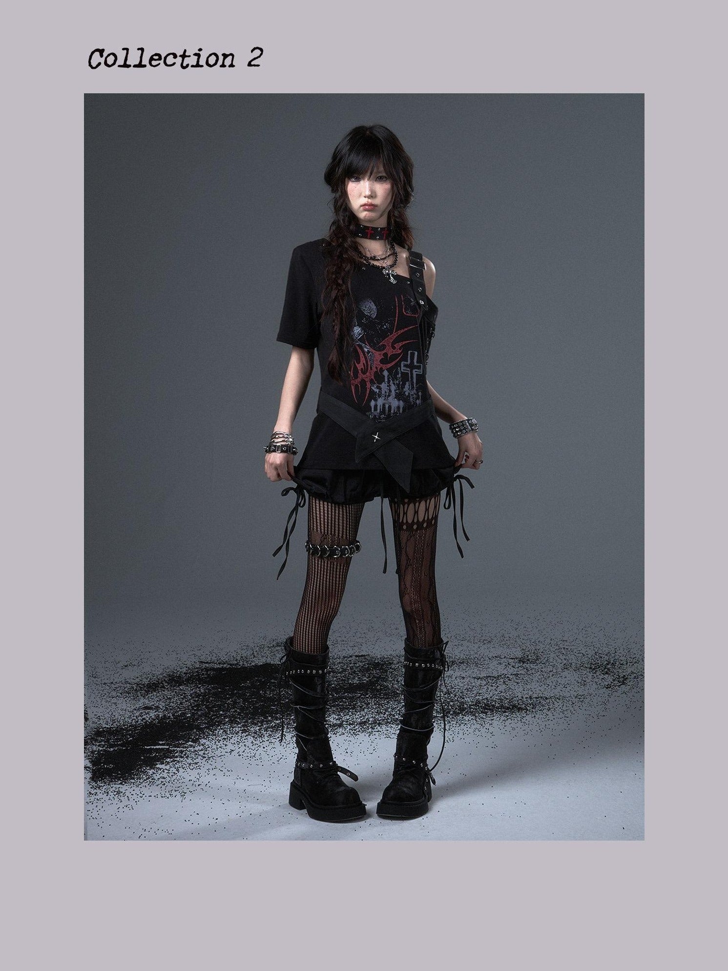 Frustration Garden Edgy Punk Street Printed Studded Asymmetrical Loose Black Short Sleeve T-Shirts