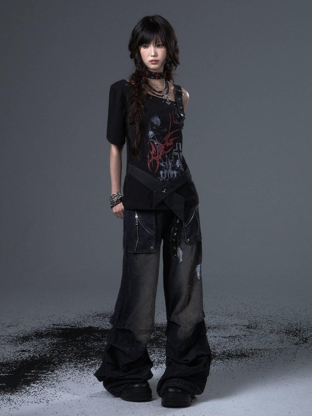 Frustration Garden Edgy Punk Street Printed Studded Asymmetrical Loose Black Short Sleeve T-Shirts