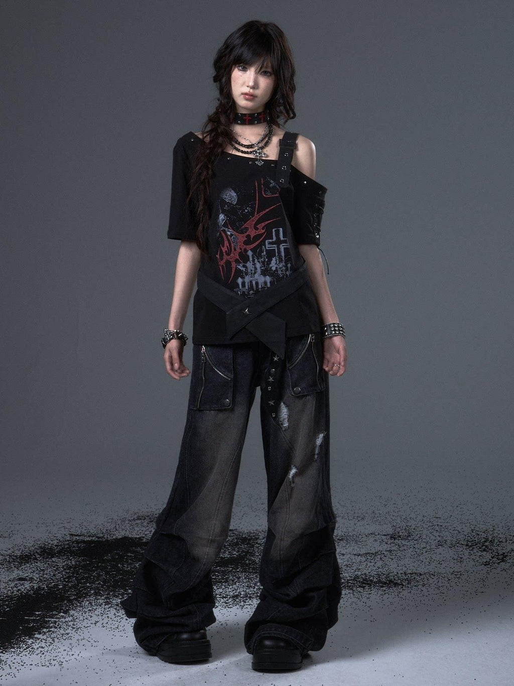 Frustration Garden Edgy Punk Street Printed Studded Asymmetrical Loose Black Short Sleeve T-Shirts