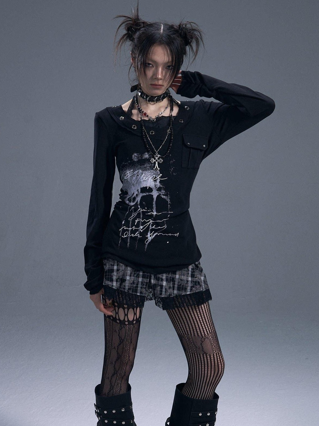 Frustration Garden Edgy Punk V-neck Lace Drawstring Pocket Loose Black Women Long Sleeve T-Shirts