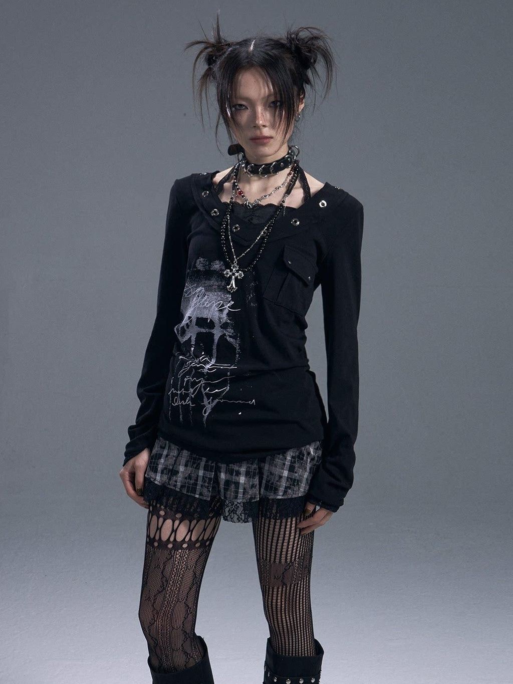 Frustration Garden Edgy Punk V-neck Lace Drawstring Pocket Loose Black Women Long Sleeve T-Shirts