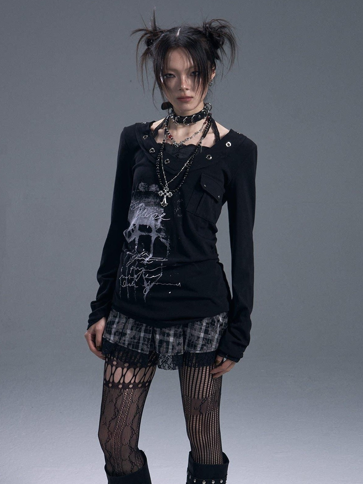 Frustration Garden Edgy Punk V-neck Lace Drawstring Pocket Loose Black Women Long Sleeve T-Shirts