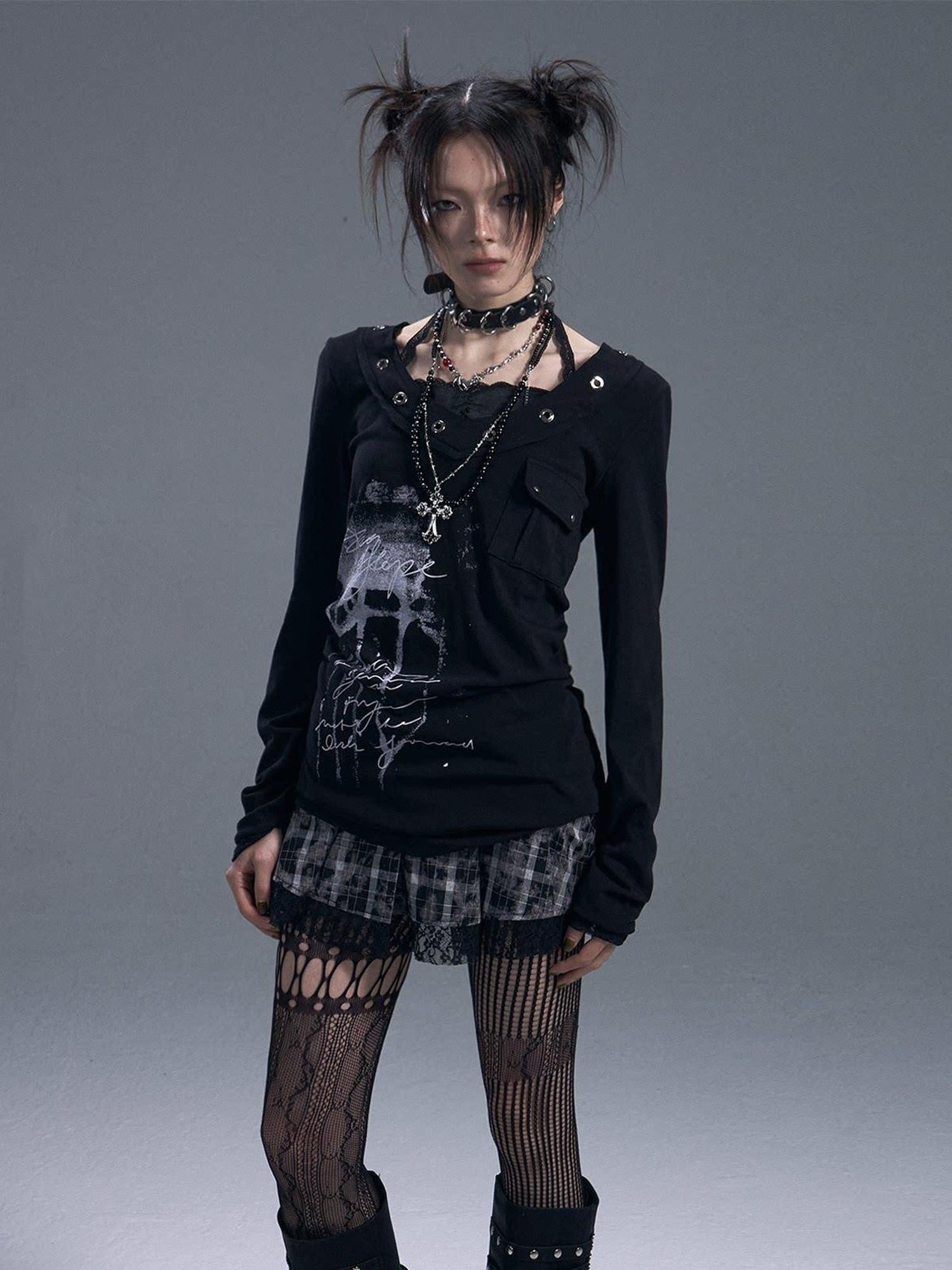 Frustration Garden Edgy Punk V-neck Lace Drawstring Pocket Loose Black Women Long Sleeve T-Shirts