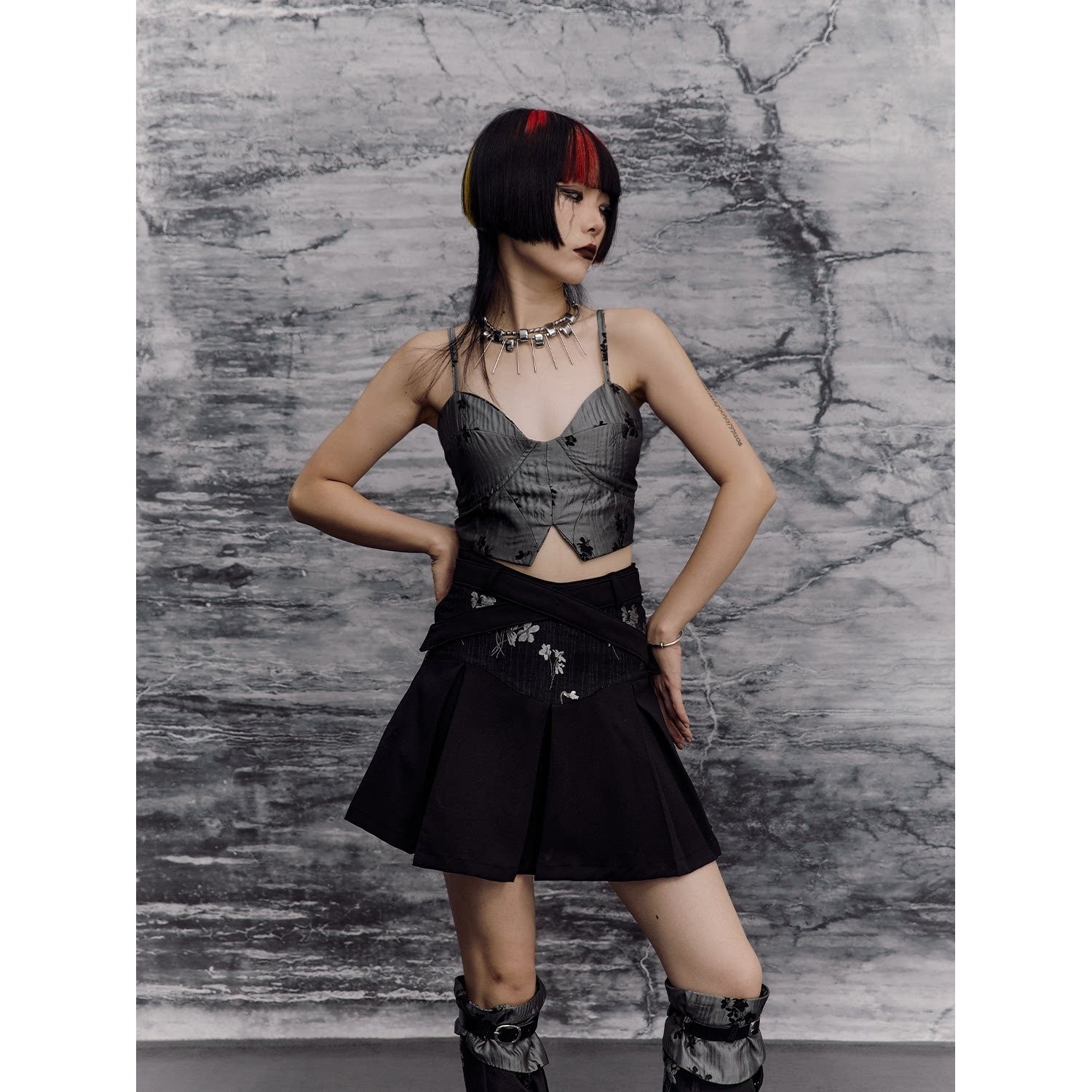 Frustration_Garden_Edgy_Rock_Jacquard_Tie_Patchwork_Asymmetric_Mid_Waist_A_Line_Black_Mini_Skirts_MISSTT