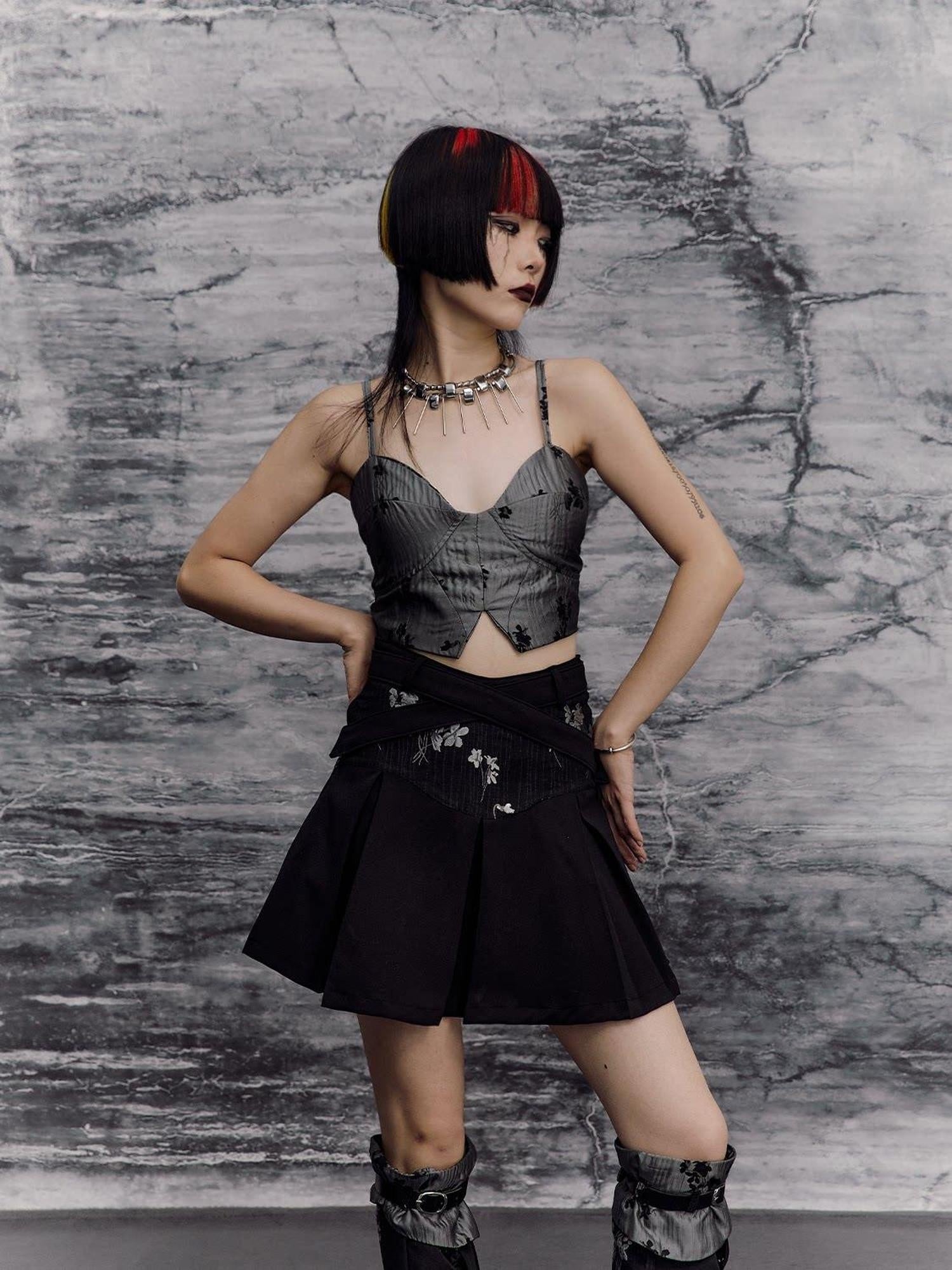 Frustration Garden Edgy Rock Jacquard Tie Patchwork Asymmetric Mid Waist A Line Black Mini Skirts