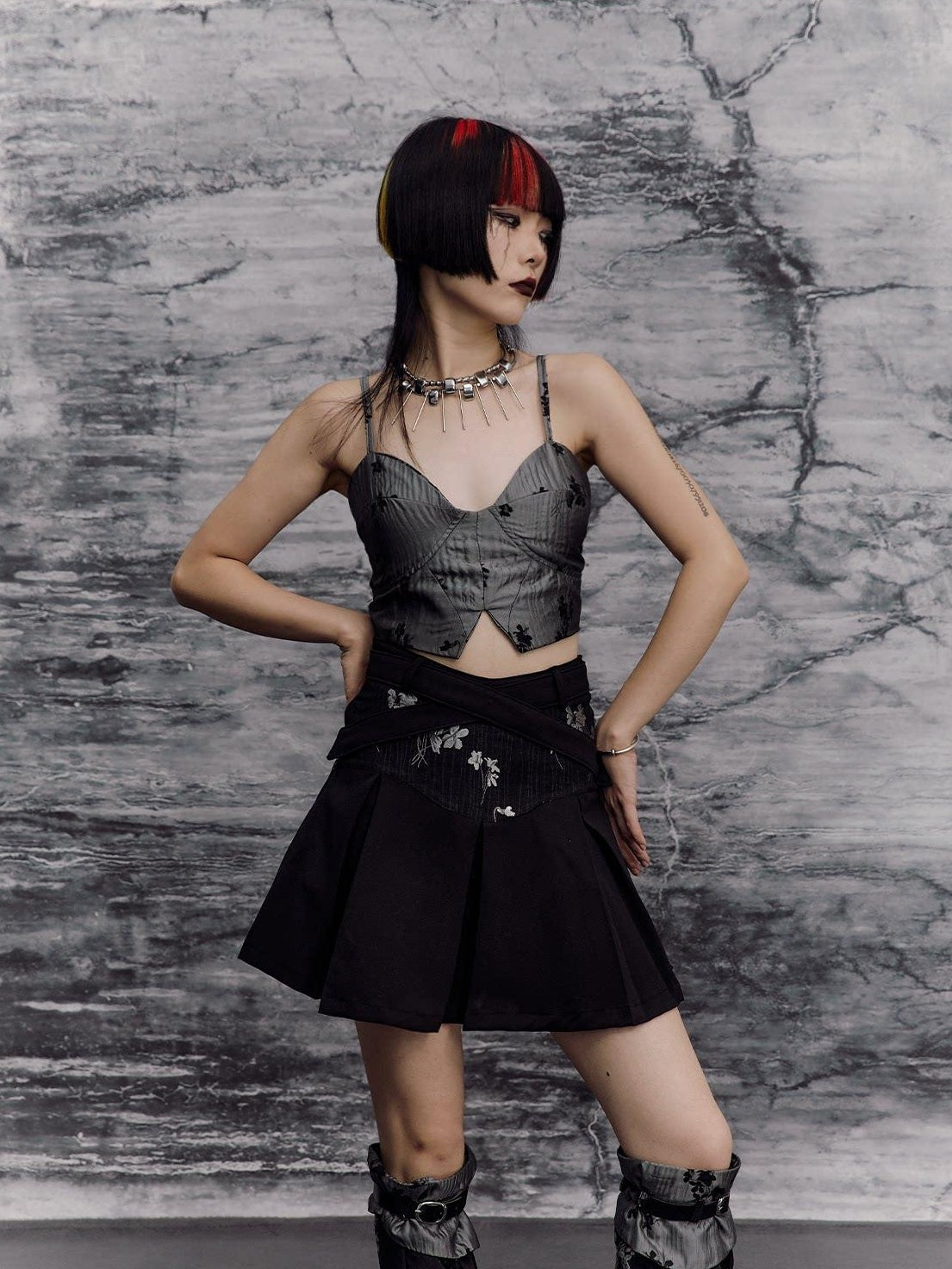 Frustration Garden Edgy Rock Jacquard Tie Patchwork Asymmetric Mid Waist A Line Black Mini Skirts