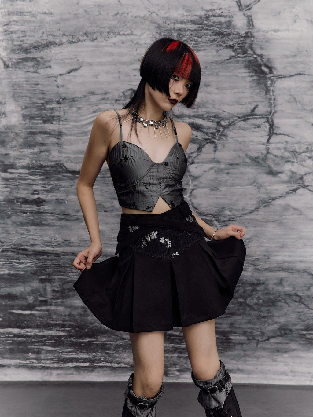 Frustration Garden Edgy Rock Jacquard Tie Patchwork Asymmetric Mid Waist A Line Black Mini Skirts