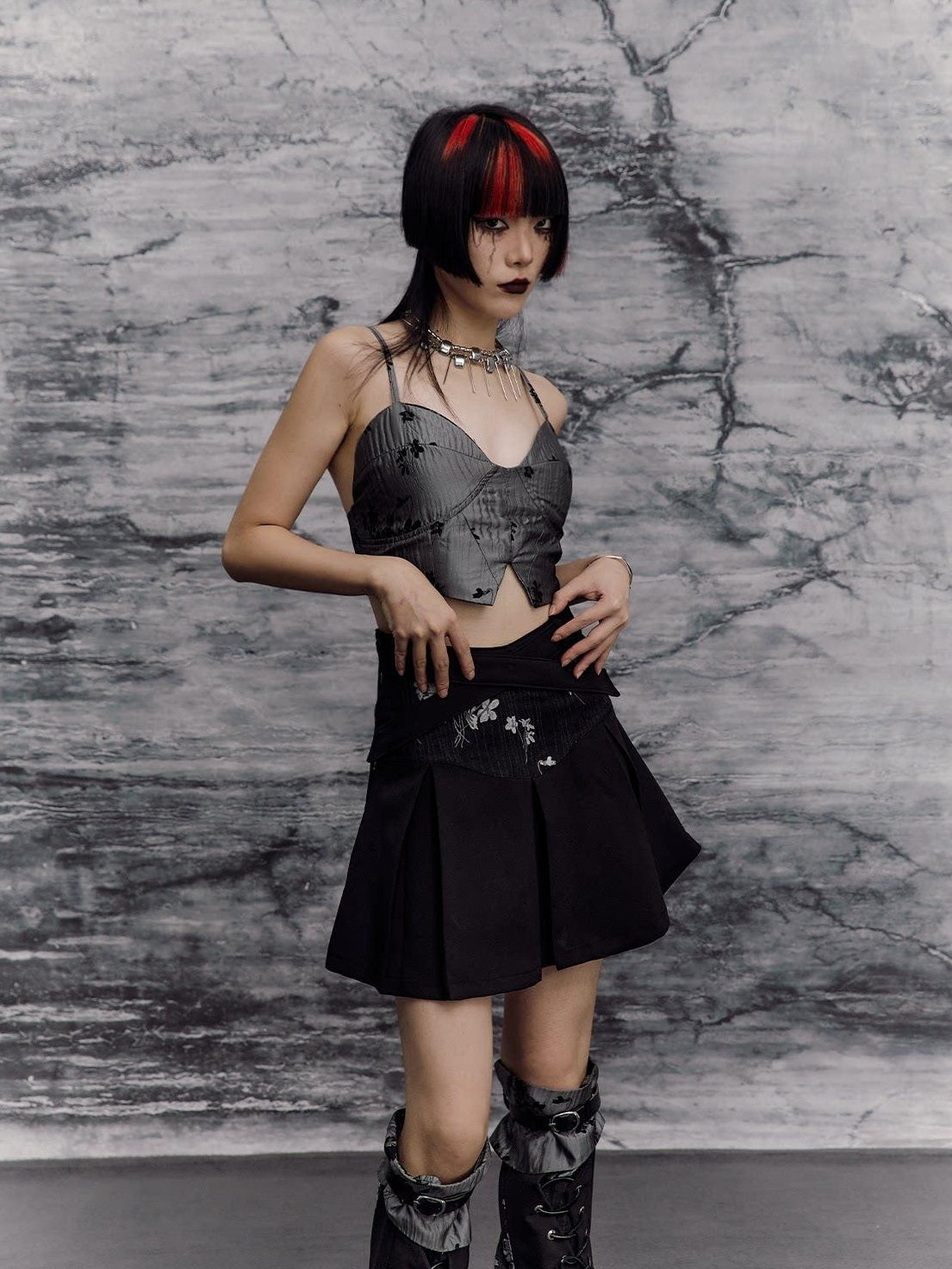 Frustration Garden Edgy Rock Jacquard Tie Patchwork Asymmetric Mid Waist A Line Black Mini Skirts