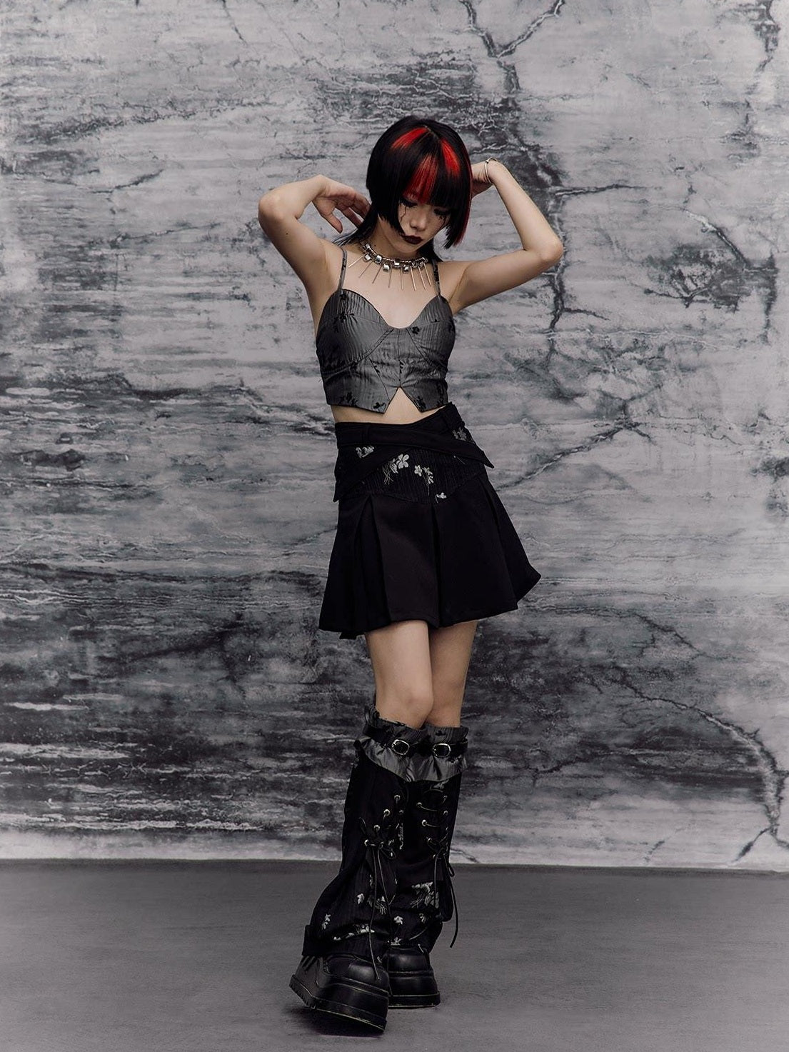 Frustration Garden Edgy Rock Jacquard Tie Patchwork Asymmetric Mid Waist A Line Black Mini Skirts