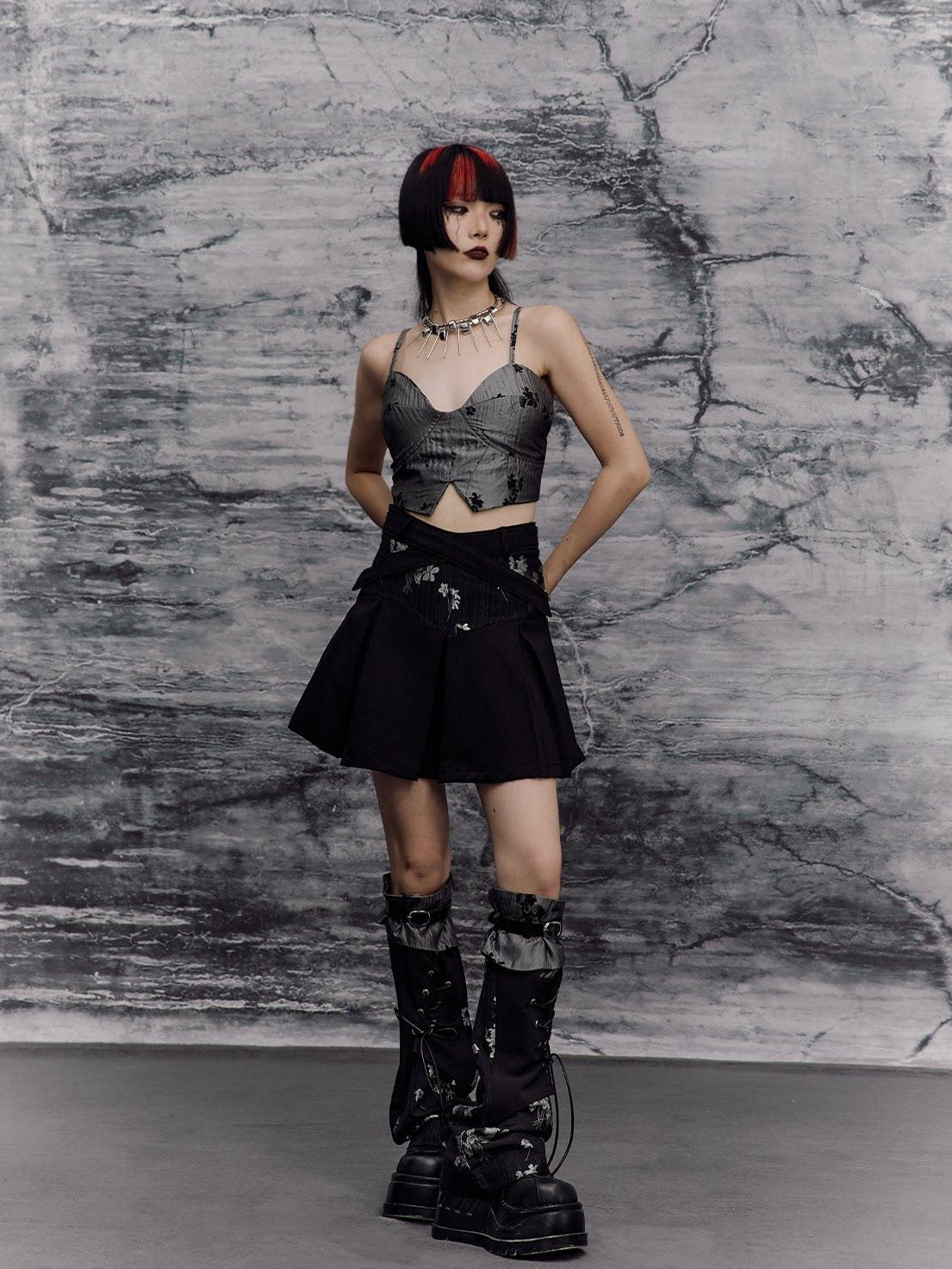 Frustration Garden Edgy Rock Jacquard Tie Patchwork Asymmetric Mid Waist A Line Black Mini Skirts