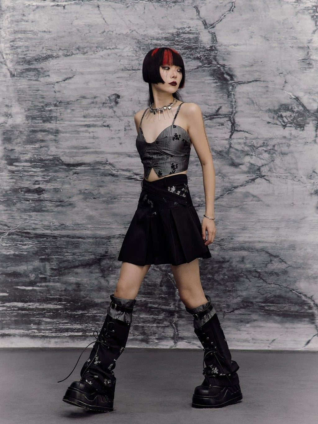 Frustration Garden Edgy Rock Jacquard Tie Patchwork Asymmetric Mid Waist A Line Black Mini Skirts