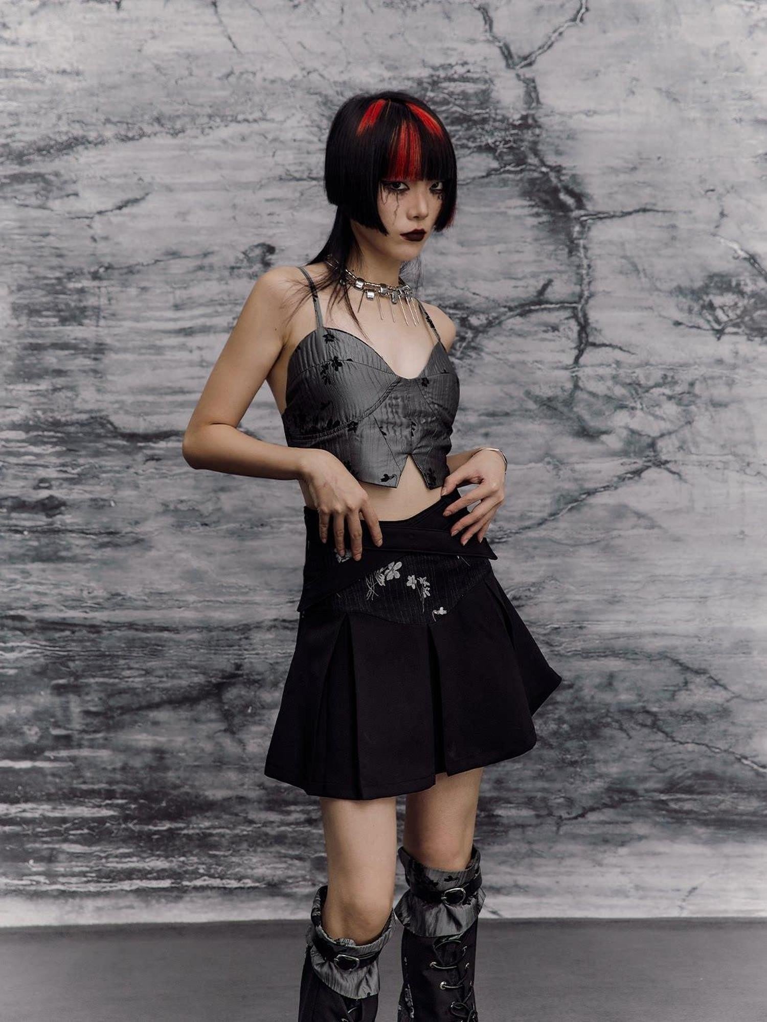 Frustration Garden Edgy Rock Jacquard Tie Patchwork Asymmetric Mid Waist A Line Black Mini Skirts