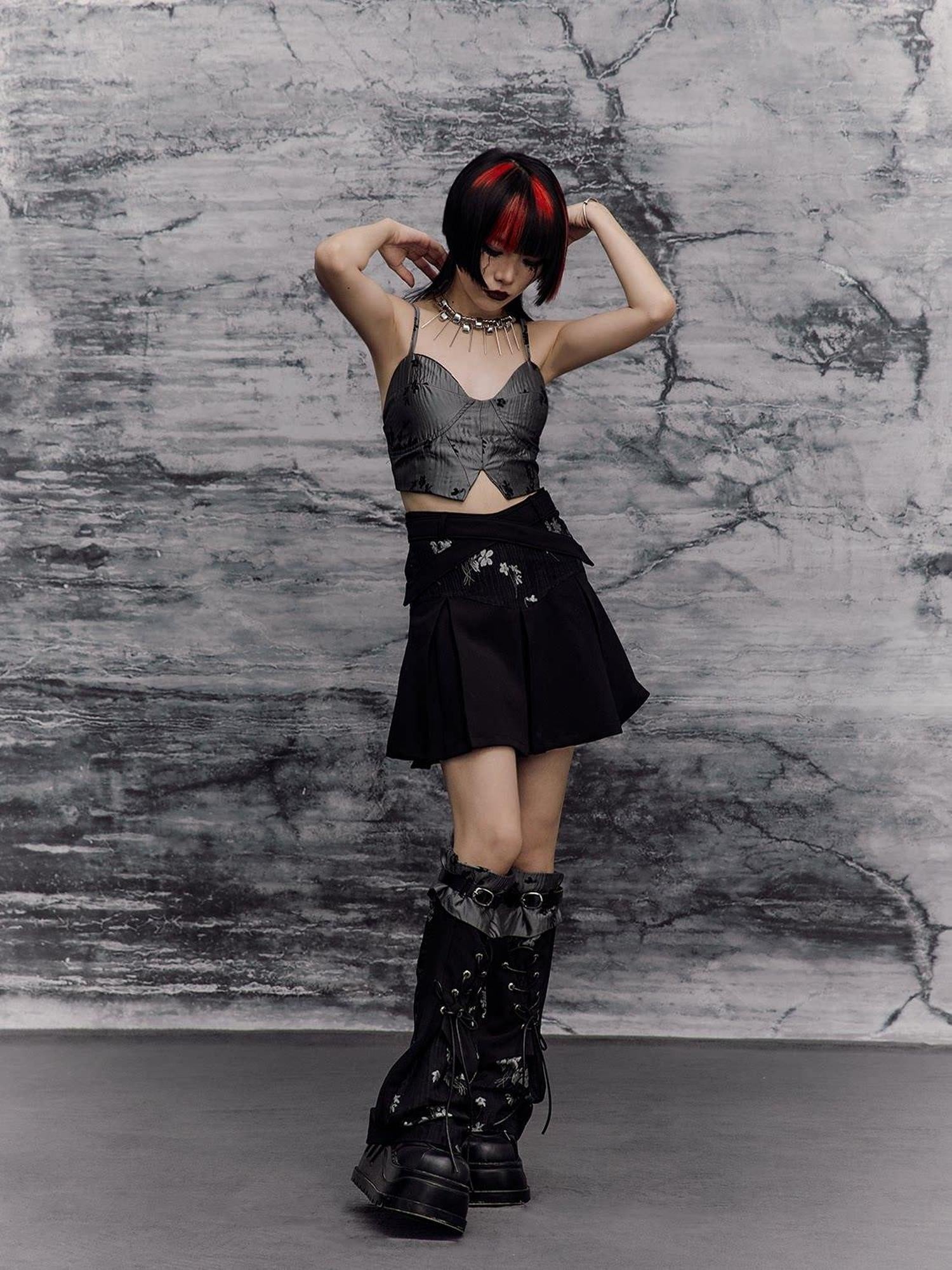 Frustration Garden Edgy Rock Jacquard Tie Patchwork Asymmetric Mid Waist A Line Black Mini Skirts