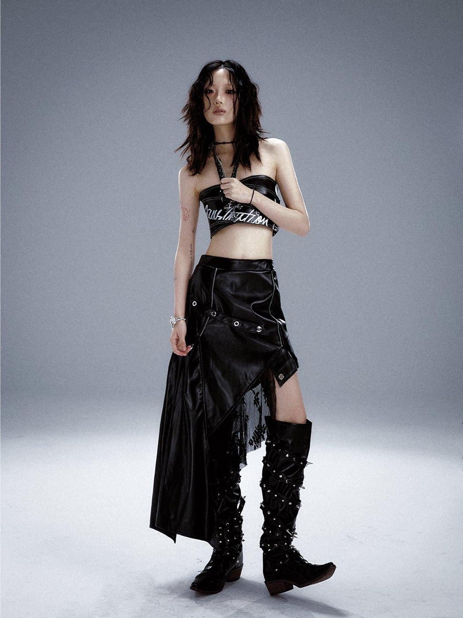 Frustration Garden Edgy Rock Style Pu Patchwork Asymmetric For Women Mid Waist Black Midi Skirts