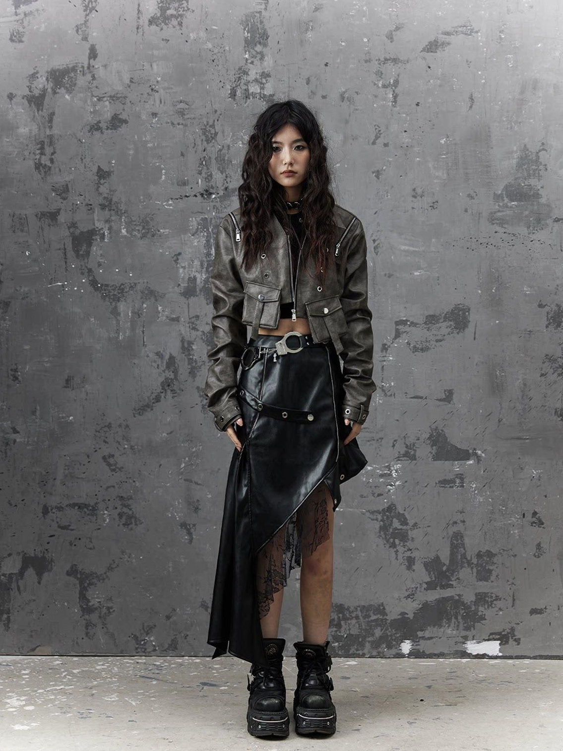 Frustration Garden Edgy Rock Style Pu Patchwork Asymmetric For Women Mid Waist Black Midi Skirts