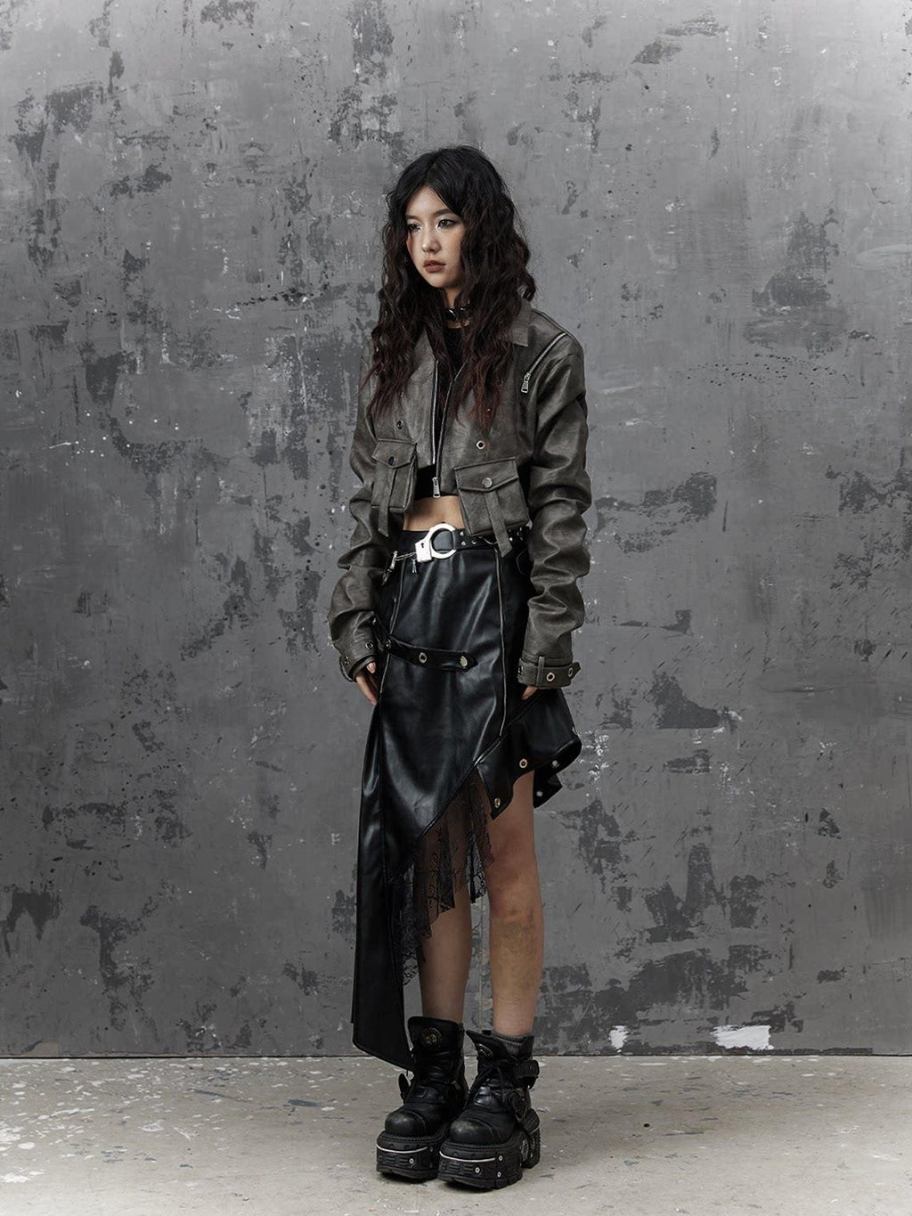 Frustration Garden Edgy Rock Style Pu Patchwork Asymmetric For Women Mid Waist Black Midi Skirts