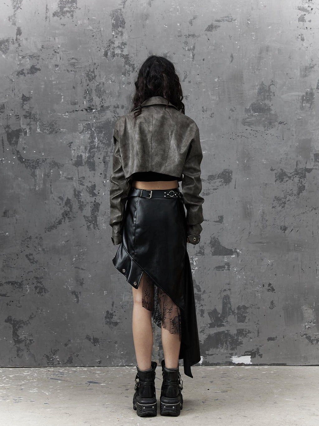 Frustration Garden Edgy Rock Style Pu Patchwork Asymmetric For Women Mid Waist Black Midi Skirts