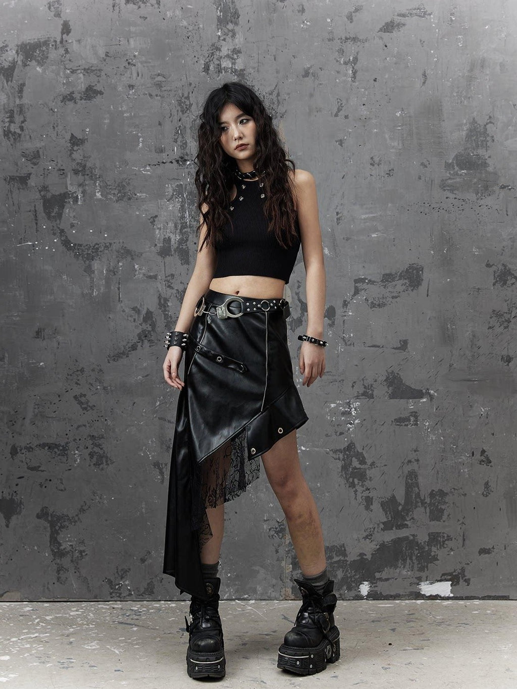 Frustration Garden Edgy Rock Style Pu Patchwork Asymmetric For Women Mid Waist Black Midi Skirts