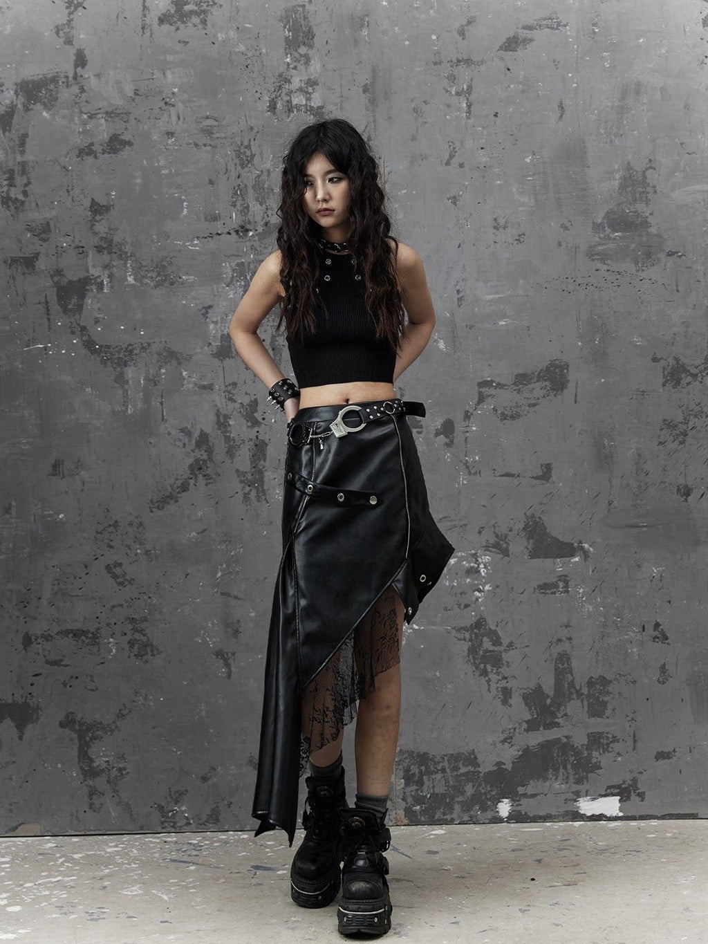 Frustration Garden Edgy Rock Style Pu Patchwork Asymmetric For Women Mid Waist Black Midi Skirts