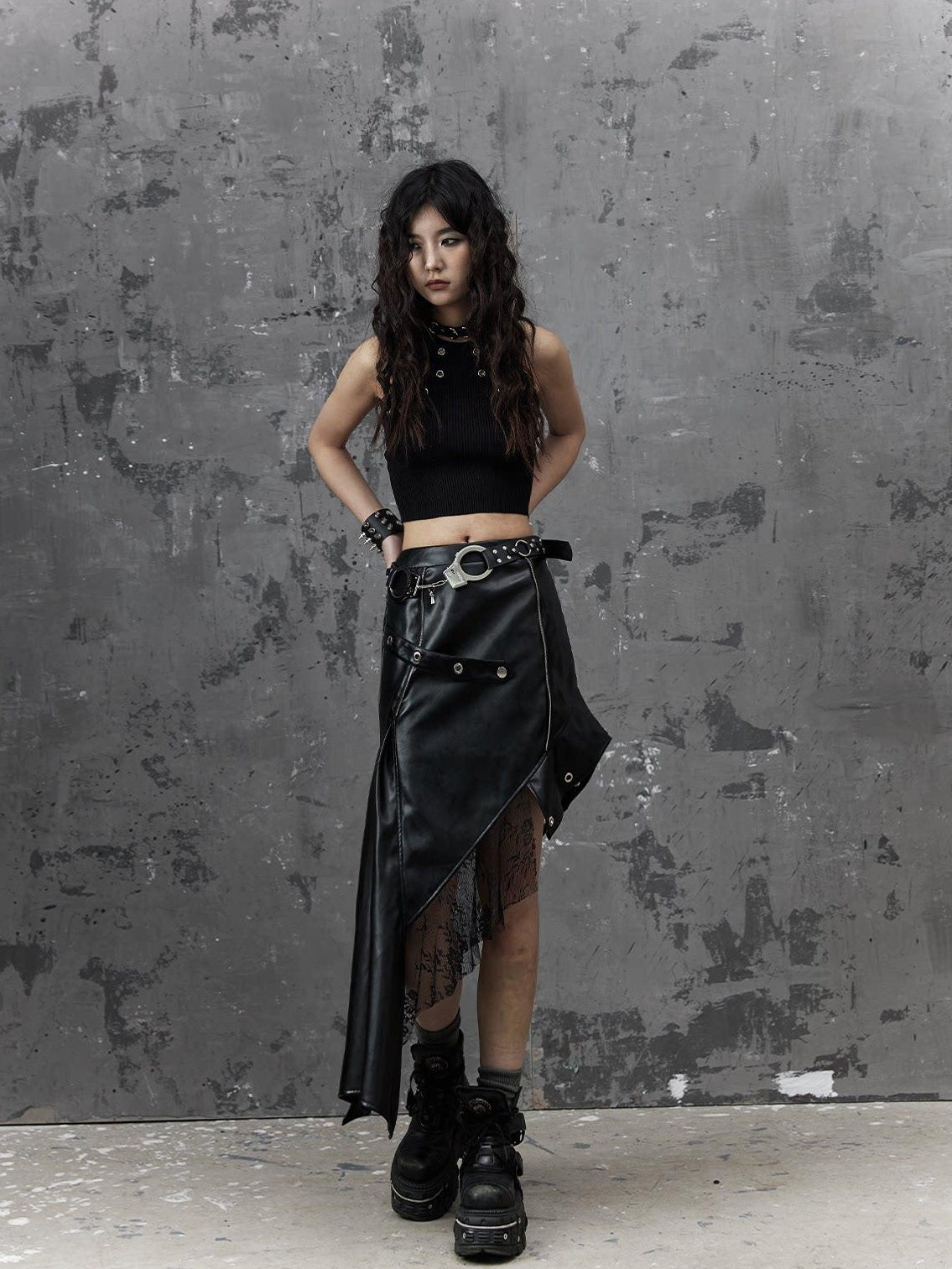 Frustration Garden Edgy Rock Style Pu Patchwork Asymmetric For Women Mid Waist Black Midi Skirts