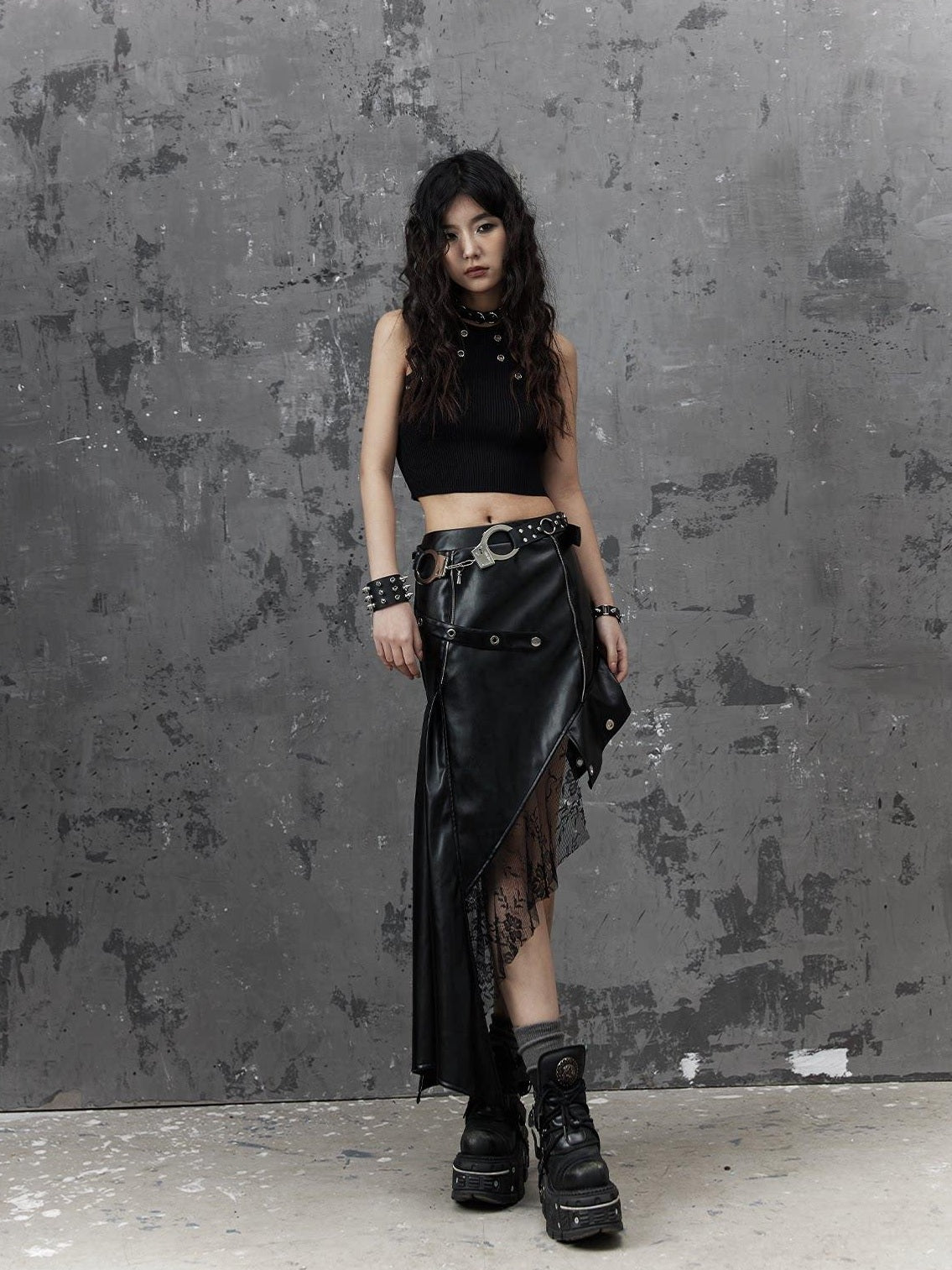Frustration Garden Edgy Rock Style Pu Patchwork Asymmetric For Women Mid Waist Black Midi Skirts