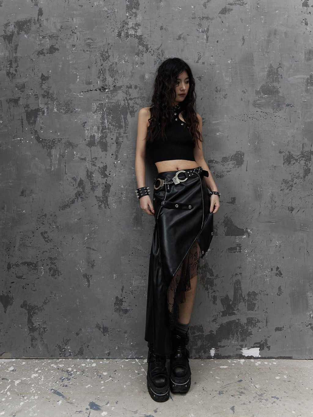 Frustration Garden Edgy Rock Style Pu Patchwork Asymmetric For Women Mid Waist Black Midi Skirts