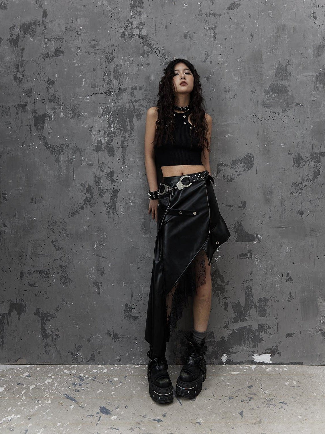 Frustration Garden Edgy Rock Style Pu Patchwork Asymmetric For Women Mid Waist Black Midi Skirts