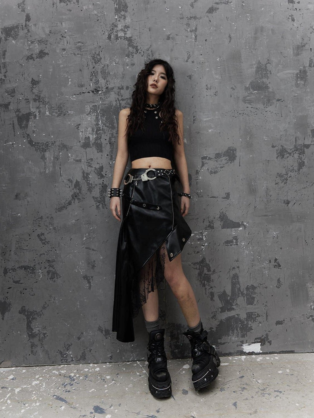Frustration Garden Edgy Rock Style Pu Patchwork Asymmetric For Women Mid Waist Black Midi Skirts