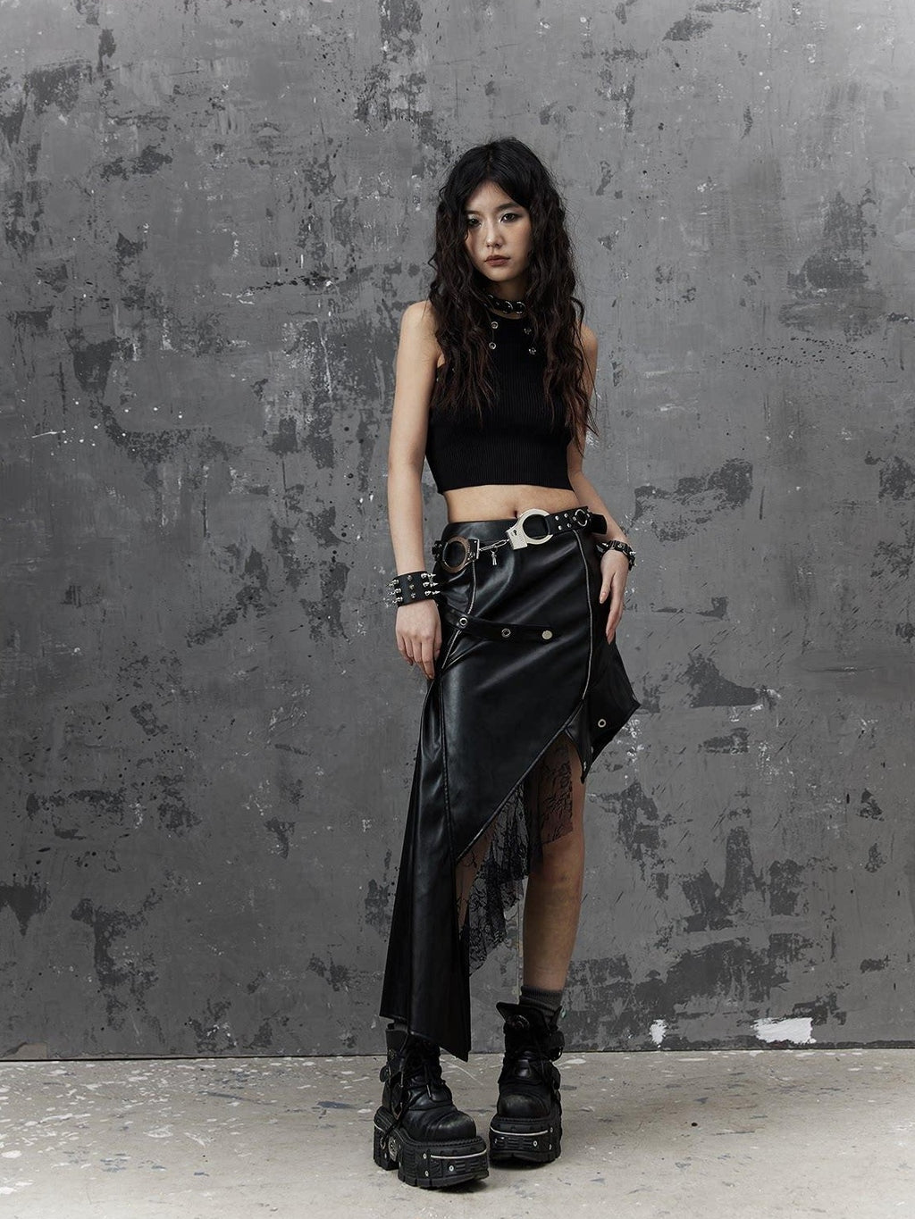 Frustration Garden Edgy Rock Style Pu Patchwork Asymmetric For Women Mid Waist Black Midi Skirts