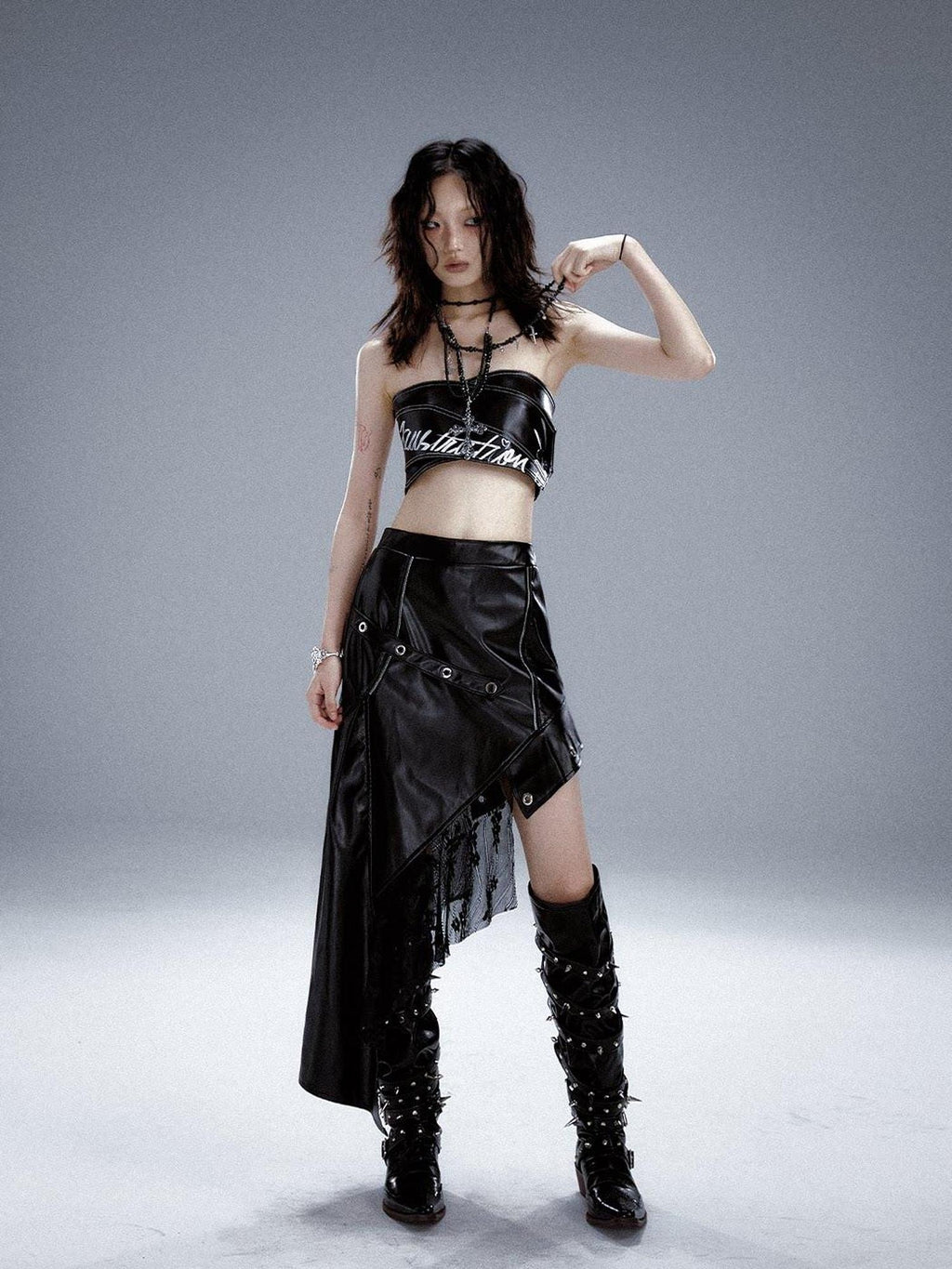 Frustration Garden Edgy Rock Style Pu Patchwork Asymmetric For Women Mid Waist Black Midi Skirts