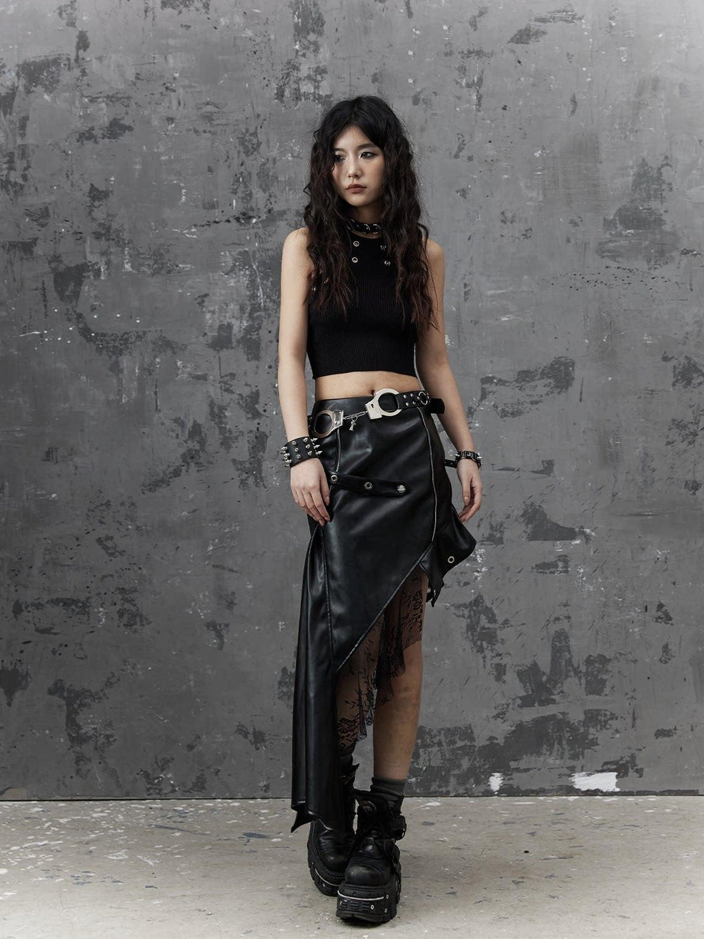 Frustration Garden Edgy Rock Style Pu Patchwork Asymmetric For Women Mid Waist Black Midi Skirts
