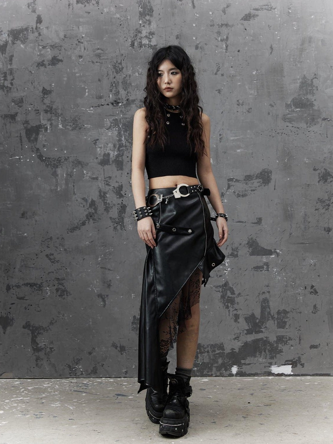Frustration Garden Edgy Rock Style Pu Patchwork Asymmetric For Women Mid Waist Black Midi Skirts