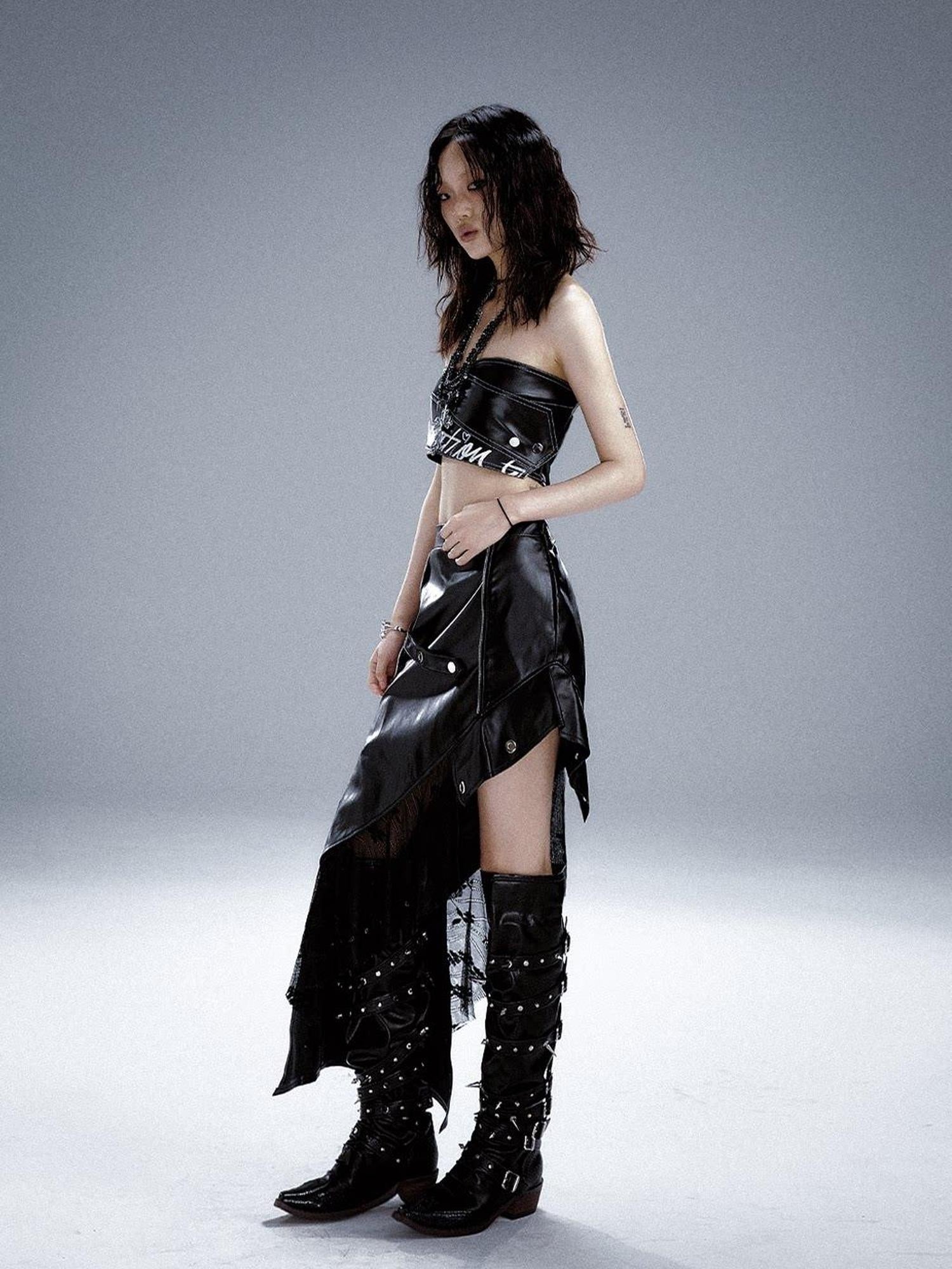 Frustration Garden Edgy Rock Style Pu Patchwork Asymmetric For Women Mid Waist Black Midi Skirts