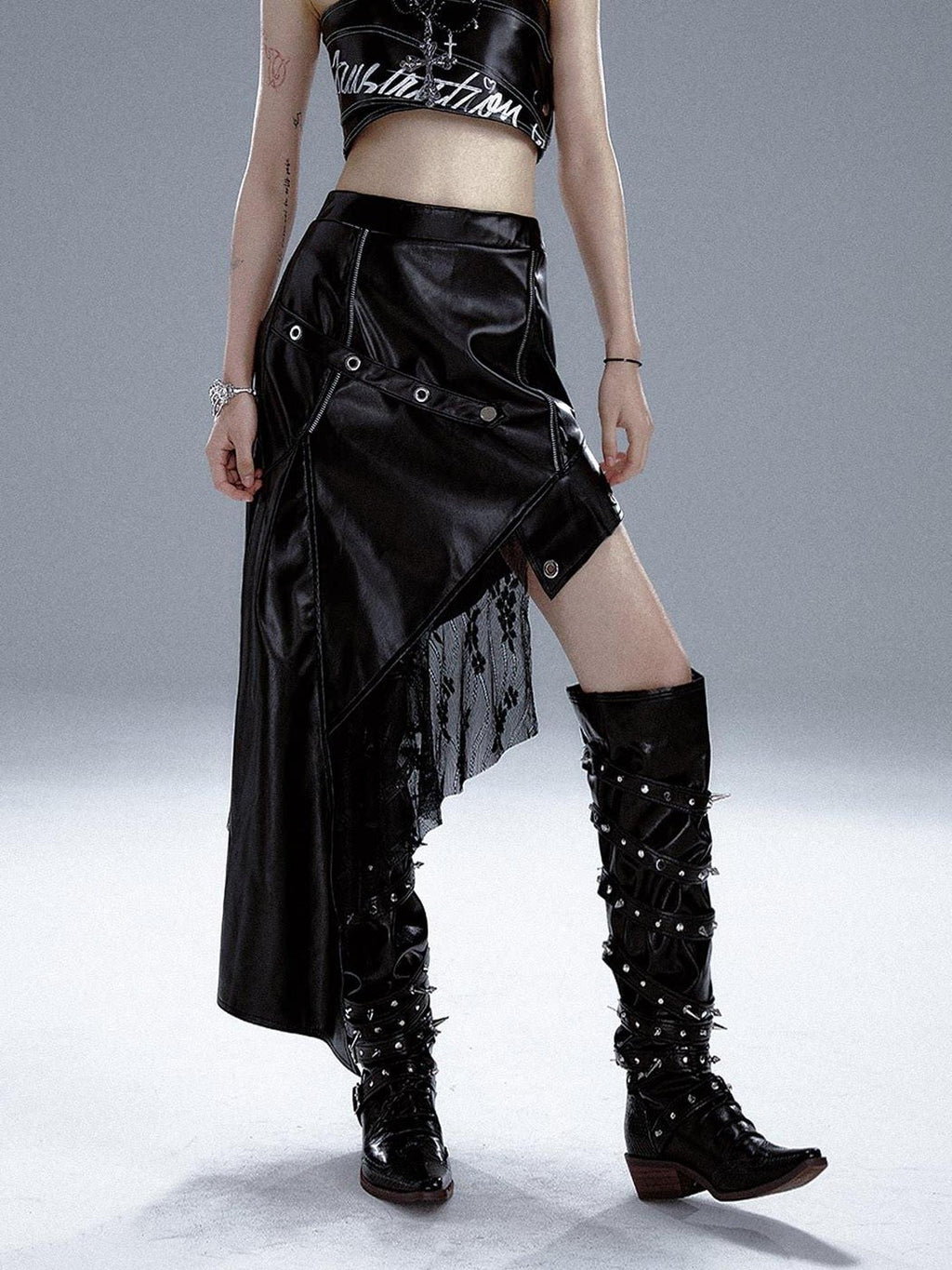 Frustration Garden Edgy Rock Style Pu Patchwork Asymmetric For Women Mid Waist Black Midi Skirts