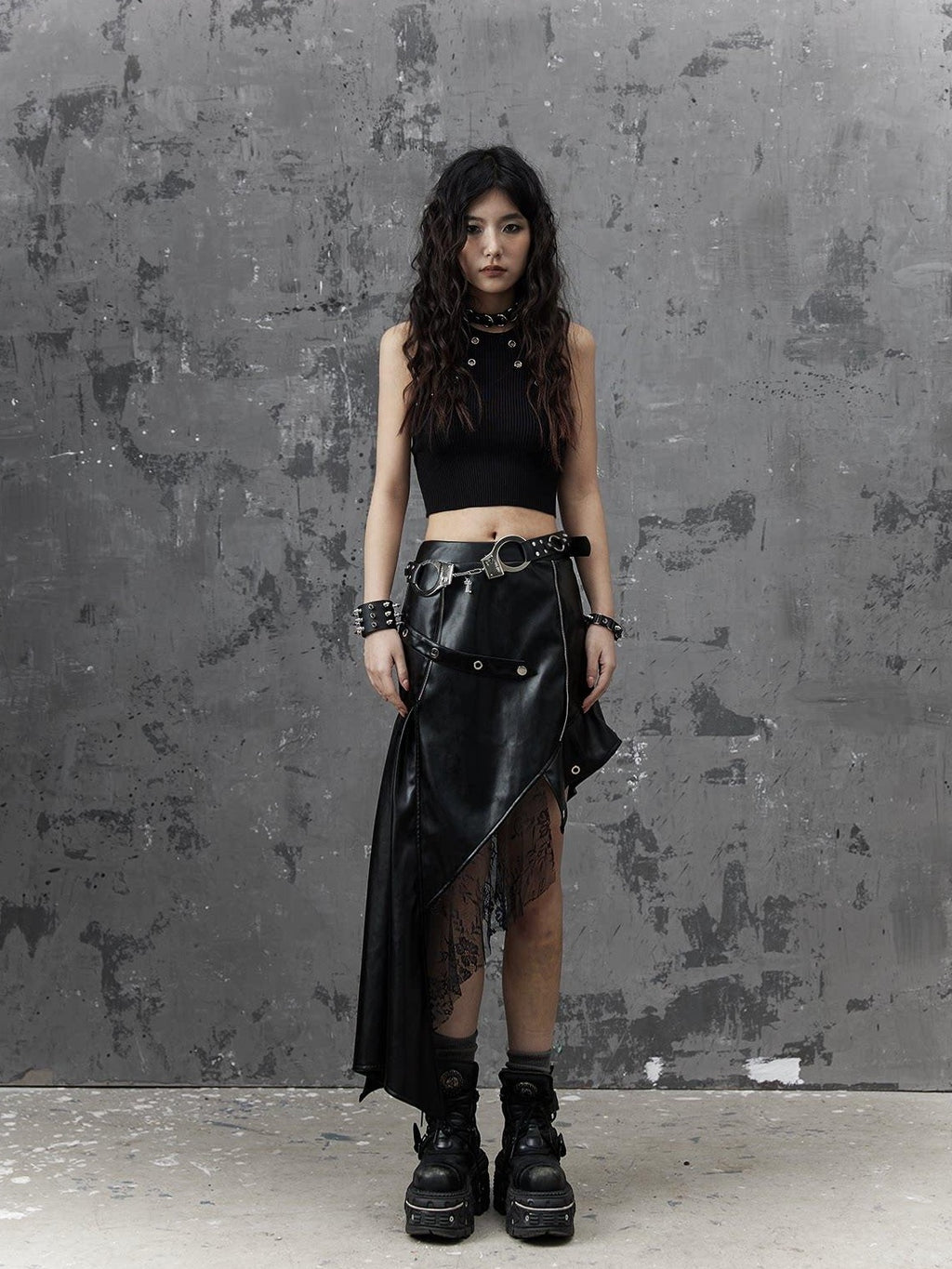 Frustration Garden Edgy Rock Style Pu Patchwork Asymmetric For Women Mid Waist Black Midi Skirts