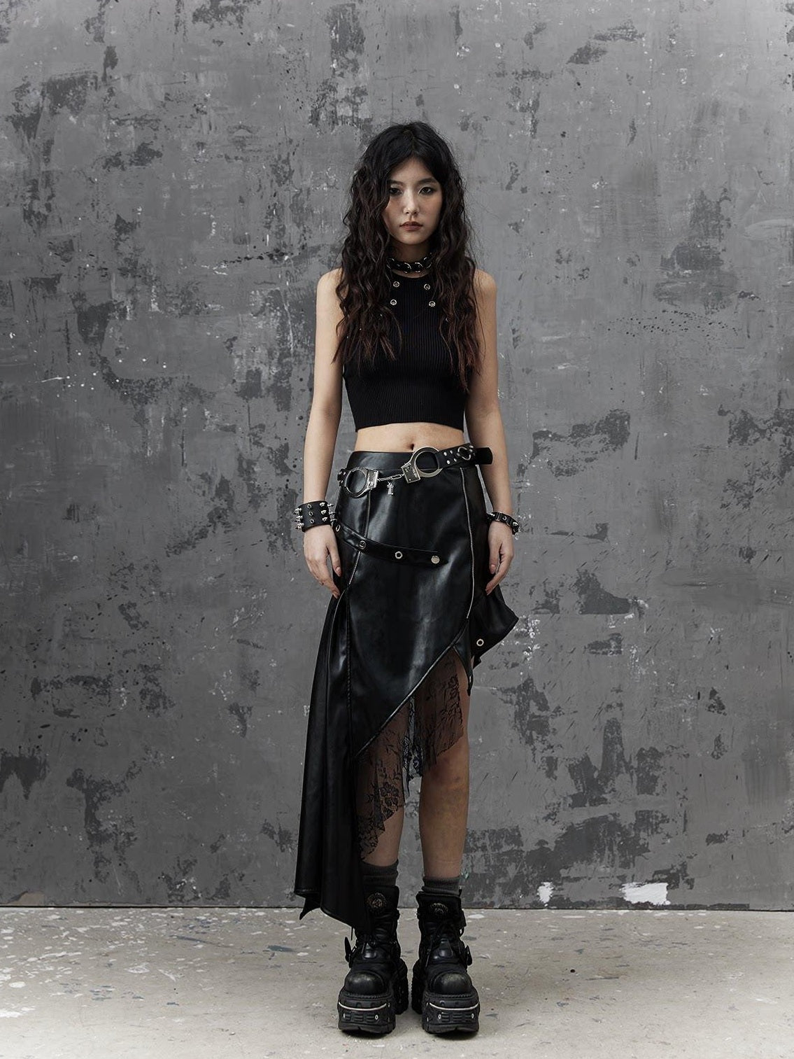 Frustration Garden Edgy Rock Style Pu Patchwork Asymmetric For Women Mid Waist Black Midi Skirts