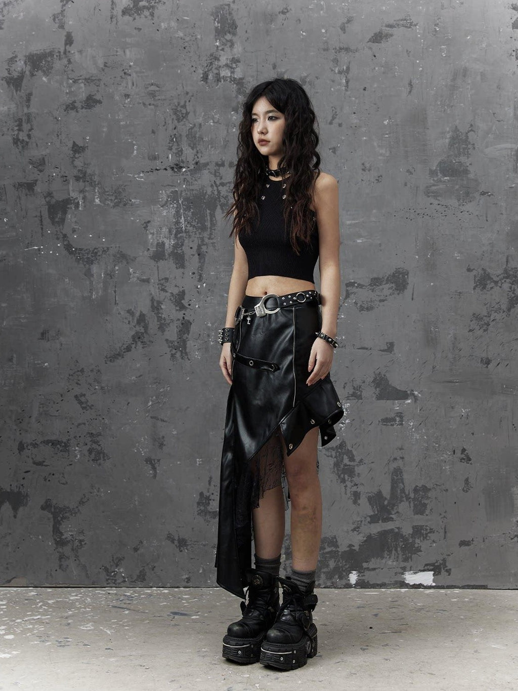 Frustration Garden Edgy Rock Style Pu Patchwork Asymmetric For Women Mid Waist Black Midi Skirts